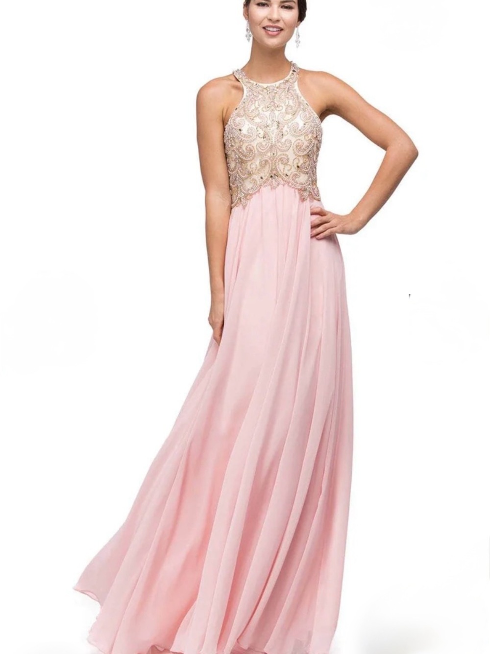 Dancing Queen Blush Pink Beaded Halter Maxi Dress XS 0/2 beautiful beading